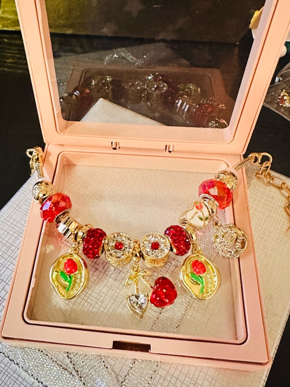 Gold-Tone Red Floral Charm Bracelet - Women Jewelry